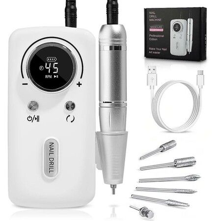 Portable 45000RPM Professional Electric Nail Drill Machine for Salon-Quality Gel Nail Care at Home (White)