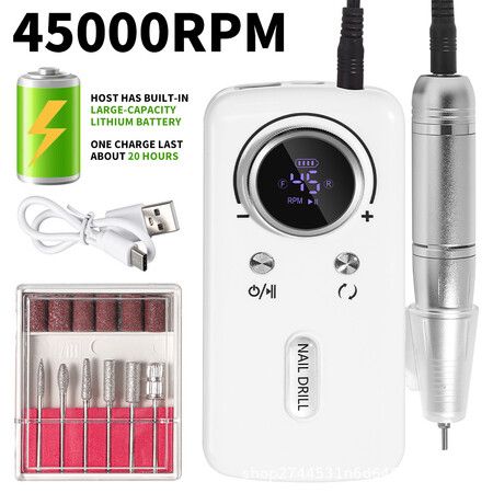 Portable 45000RPM Professional Electric Nail Drill Machine for Salon-Quality Gel Nail Care at Home (White)