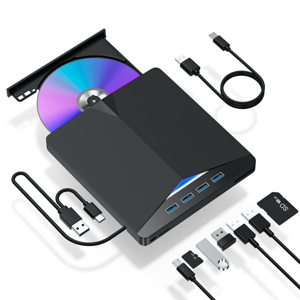 7-in-1 External CD/DVD Drive for Laptop: Portable DVD Player/Burner with USB 3.0 for Windows(11/10/8/7), Mac, and Linux (Jet Black)