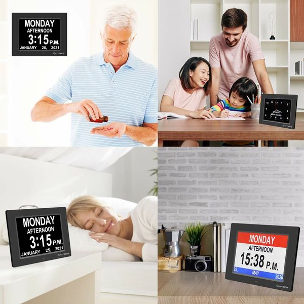 Large Digital Clock with 8-Inch Display, 3 Interface, 8 Alarms, Non-Abbreviated Day & Month for Elderly Seniors (Black)