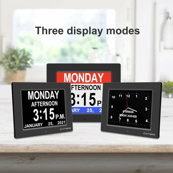 Large Digital Clock with 8-Inch Display, 3 Interface, 8 Alarms, Non-Abbreviated Day & Month for Elderly Seniors (Black)