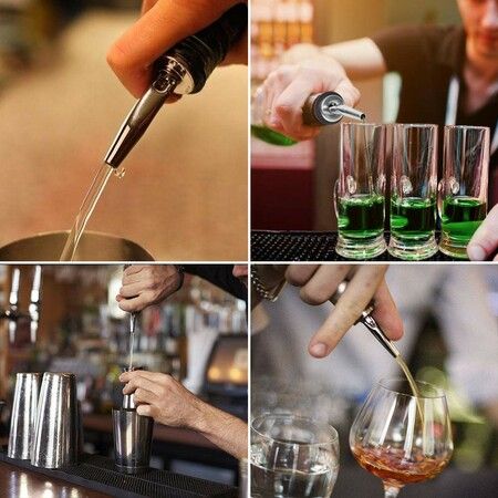 12-Pack Stainless Steel Liquor Pourers with Tapered Spouts and Dust Caps Ideal for dispensing alcohol, olive oil, and other liquids