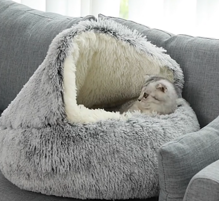 Cozy Round Plush Cat Bed with Hood for Indoor Cats and Small Dogs, Soothing and Anti-Anxiety, Waterproof Bottom, Washable (50cm, Grey)