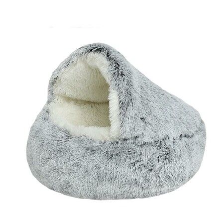 Cozy Round Plush Cat Bed with Hood for Indoor Cats and Small Dogs, Soothing and Anti-Anxiety, Waterproof Bottom, Washable (50cm, Grey)