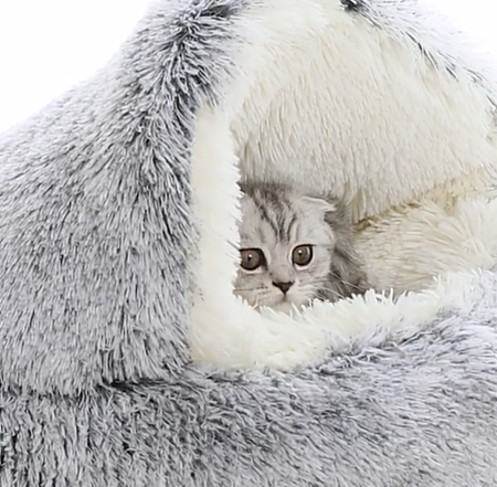 Cozy Round Plush Cat Bed with Hood for Indoor Cats and Small Dogs, Soothing and Anti-Anxiety, Waterproof Bottom, Washable (50cm, Grey)