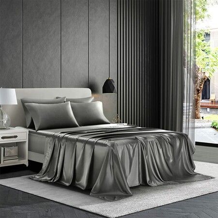 Luxury Super Soft 4-Piece Satin Bedding Set in Rich Dark Grey,anti-wrinkle