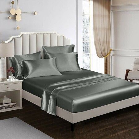 Luxury Super Soft 4-Piece Satin Bedding Set in Rich Dark Grey,anti-wrinkle