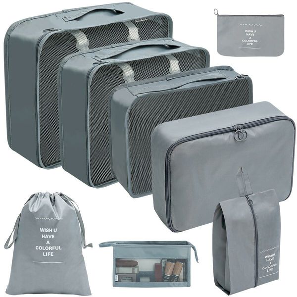 Large Capacity 8-Piece Set of Luggage Storage Bags for Packing Cubes, Clothes, Underwear, Cosmetics, and Toiletries: Travel Organizer Bag in Grey