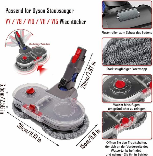 Electric Mop Head Attachment with Detachable Water Tank and 6 Reusable Mop Pads,Compatible with V15 V11 V10 V8 V7 Vacuum Cleaners