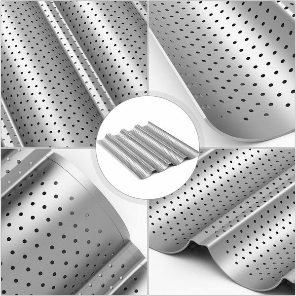 2-Pack Nonstick Toaster Pan/Perforated Baguette Pan/Mold Oven (15" x 13") for French Bread Baking (4 Wave Loaves)