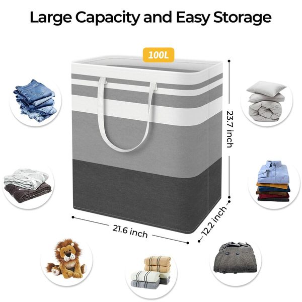 Waterproof Freestanding Large Laundry Hamper with Extended Handles, Perfect for Dorms and Families (Gradient Grey, 100L)