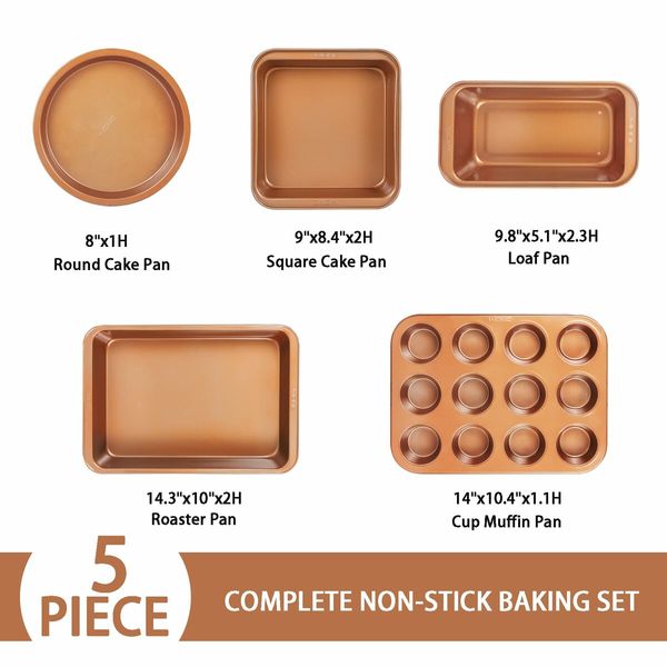 5 Essential Pans for All Baking Needs - Round & Square Cake Pans, Loaf Pan, Muffin Pan, and Roasting Pan - Dishwasher Safe for Easy Cleanup