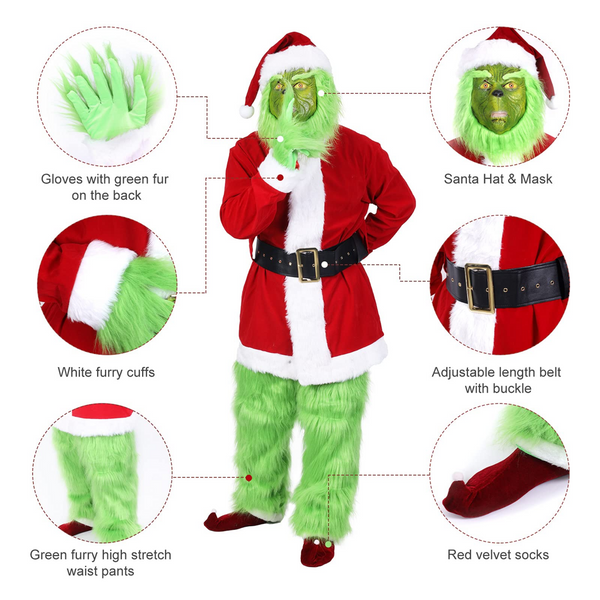 Spread Holiday Cheer - Deluxe Green Monster Costume for Men - Complete 7-Piece Santa Suit Set with Furry Trim - Size Medium