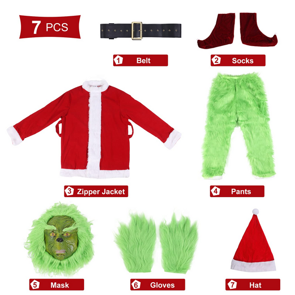 Spread Holiday Cheer - Deluxe Green Monster Costume for Men - Complete 7-Piece Santa Suit Set with Furry Trim - Size Medium