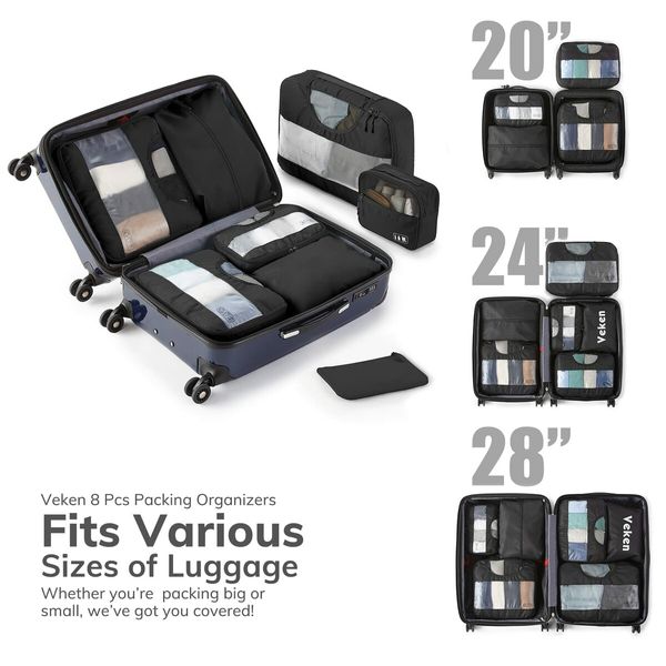 8-Piece Packing Cube Set for Suitcases: Travel Essentials for Carry-On and Luggage Organization (Extra Large, Large, Medium, Small) in Black