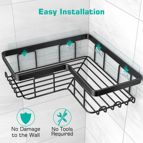 Adhesive Corner Shower Caddy with Soap Holder,12 Hooks,Rustproof Organizer,No-Drill Wall Mounted Shower Rack