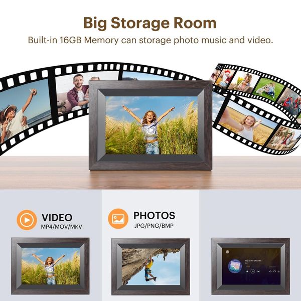 Smart WiFi 10.1 Inch Photo Frame with 1280x800 IPS LCD Touch Screen,Auto-Rotate Portrait and Landscape,Built in 16GB Memory,Share Moments Instantly from Anywhere (All Black Wooden Frame)