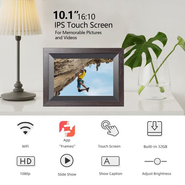 Smart WiFi 10.1 Inch Photo Frame with 1280x800 IPS LCD Touch Screen,Auto-Rotate Portrait and Landscape,Built in 16GB Memory,Share Moments Instantly from Anywhere (All Black Wooden Frame)