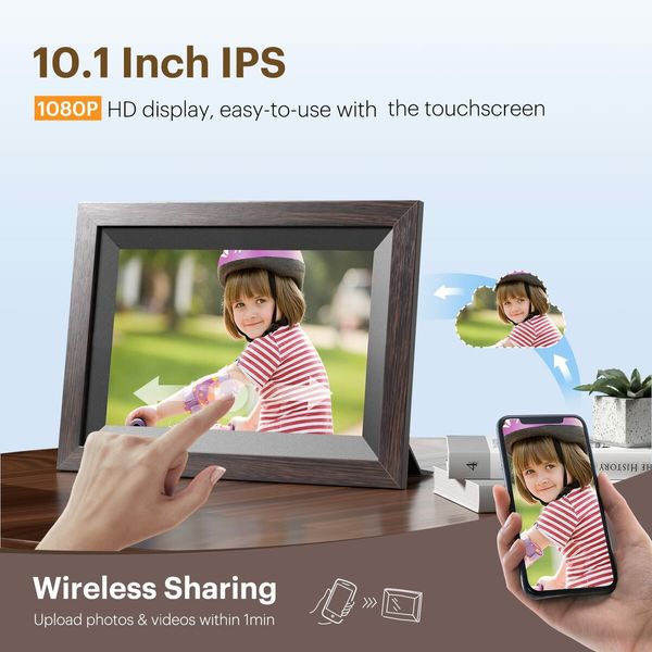 Crystal-clear 10.1-inch Smart WiFi Digital Photo Frame with 1280x800 IPS vibrant Touch Screen,Auto-Rotate,16GB Memory,Seamless Sharing via Frameo App(All Black Wooden Frame)