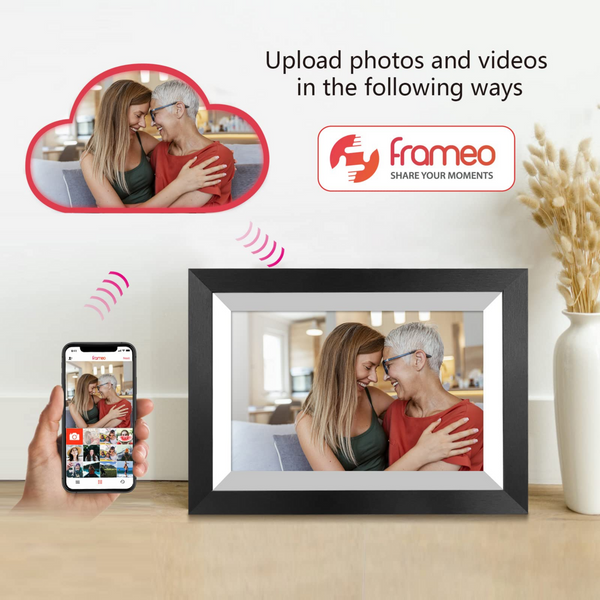 Smart WiFi 10.1-Inch Digital Photo Frame 1280x800 IPS LCD Touchscreen Auto-Rotate Portrait Landscape 16GB Memory Instantly Share Moments via Frameo App Black Wooden Frame