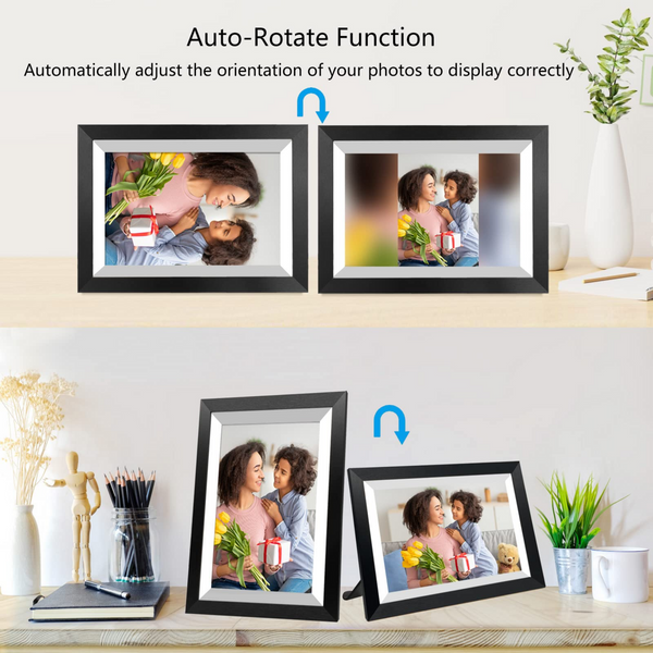 Smart WiFi 10.1-Inch Digital Photo Frame 1280x800 IPS LCD Touchscreen Auto-Rotate Portrait Landscape 16GB Memory Instantly Share Moments via Frameo App Black Wooden Frame