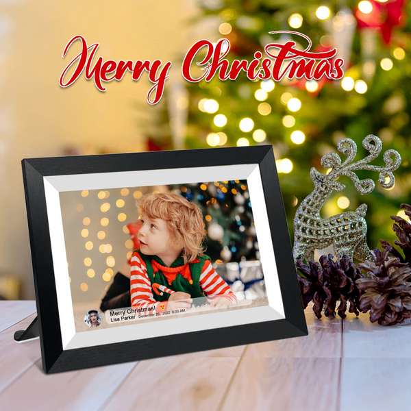 Smart WiFi 10.1-Inch Digital Photo Frame 1280x800 IPS LCD Touchscreen Auto-Rotate Portrait Landscape 16GB Memory Instantly Share Moments via Frameo App Black Wooden Frame