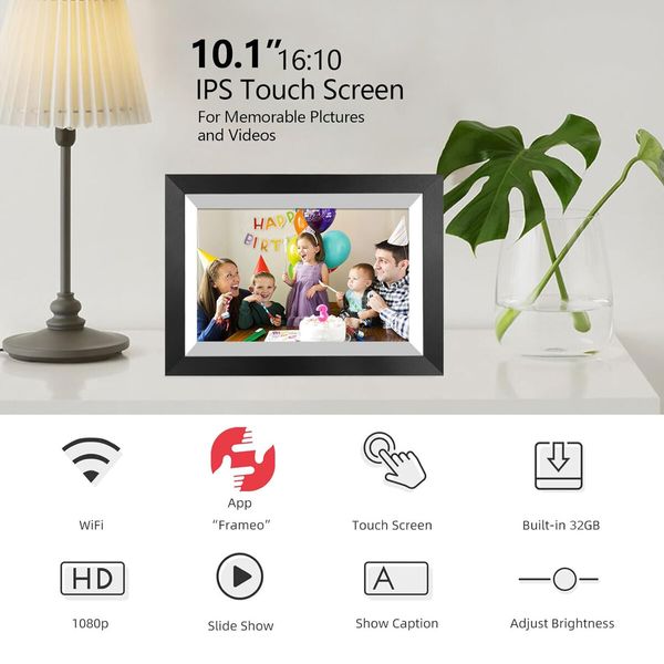 Smart WiFi 10.1-Inch Digital Photo Frame 1280x800 IPS LCD Touchscreen Auto-Rotate Portrait Landscape 16GB Memory Instantly Share Moments via Frameo App Black Wooden Frame