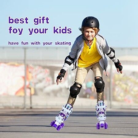 Adjustable Kids and Teens Roller Skates with 4 Light Up Wheels (Size 33-37, Purple)