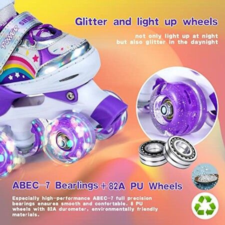 Adjustable Kids and Teens Roller Skates with 4 Light Up Wheels (Size 33-37, Purple)