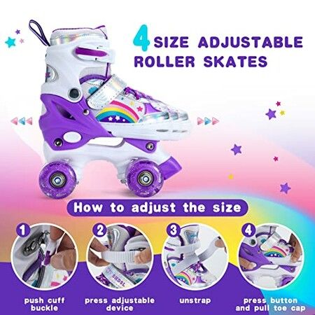 Adjustable Kids and Teens Roller Skates with 4 Light Up Wheels (Size 33-37, Purple)