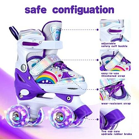 Adjustable Kids and Teens Roller Skates with 4 Light Up Wheels (Size 33-37, Purple)