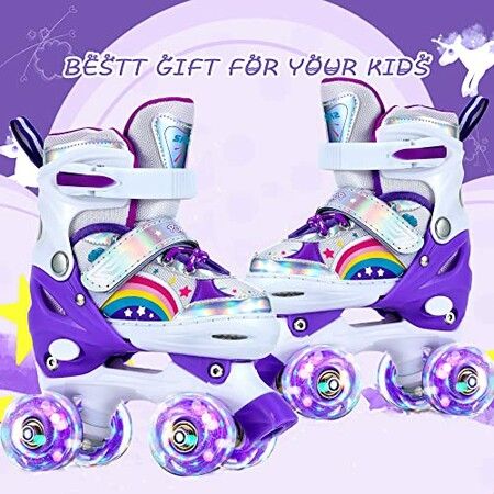 Adjustable Kids and Teens Roller Skates with 4 Light Up Wheels (Size 33-37, Purple)