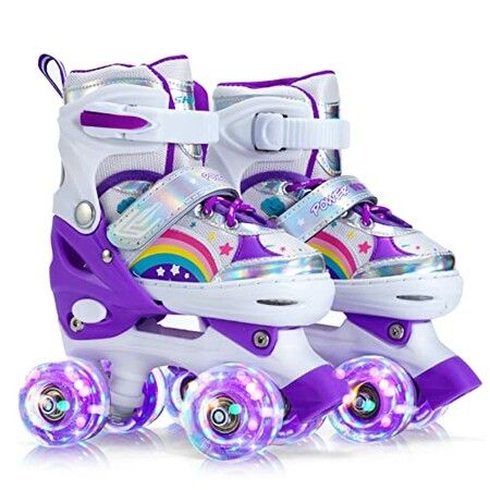 Adjustable Kids and Teens Roller Skates with 4 Light Up Wheels (Size 33-37, Purple)