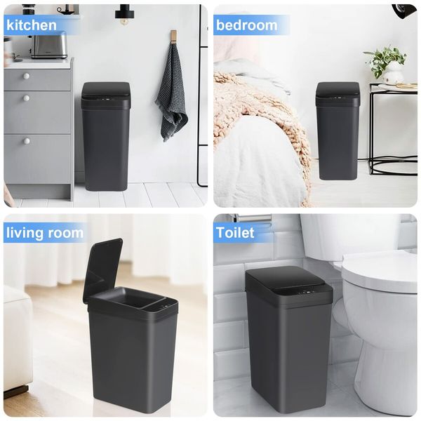 Smart Touchless Bathroom Trash Can with Motion Sensor and Waterproof Lid - 2.2 Gallon Automatic Garbage Bin for Kitchen,Office,Living Room,Toilet,Bedroom,RV (Black)