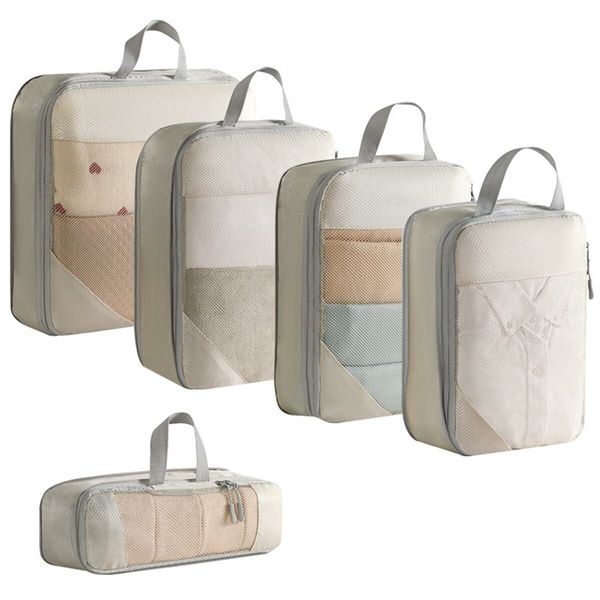 Pack Smart, Travel Light: 5-Set Compression Packing Cubes for Organized Suitcases (Beige)