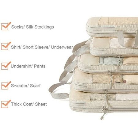 Pack Smart, Travel Light: 5-Set Compression Packing Cubes for Organized Suitcases (Beige)