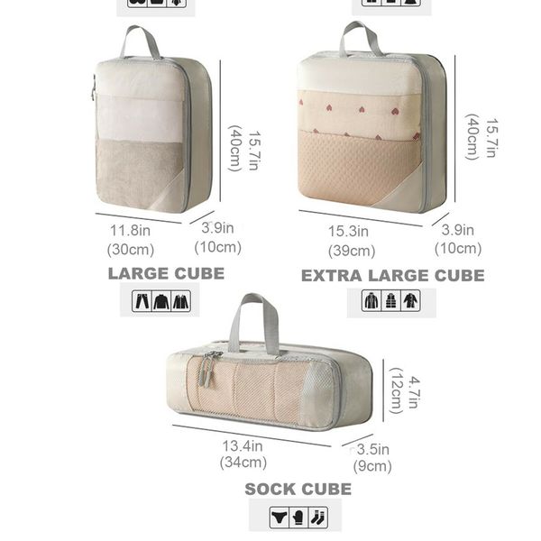 Pack Smart, Travel Light: 5-Set Compression Packing Cubes for Organized Suitcases (Beige)