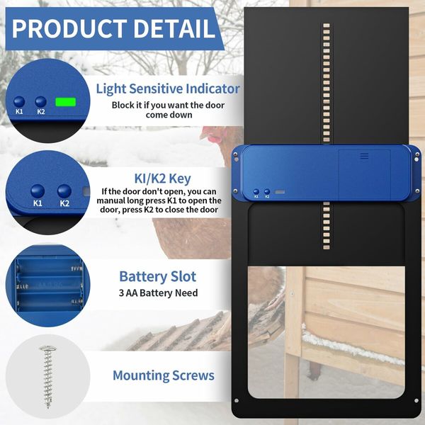 Efficient Auto Chicken Coop Door with Timer and Light Sensor for Convenient Chicken and Duck Care