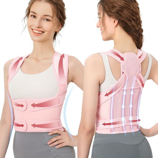 Adjustable Posture Corrector for Women: Full Back Support and Shoulder Straightener for Scoliosis and Hunchback Correction (Pink, Size M)