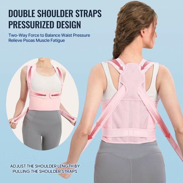 Adjustable Posture Corrector for Women: Full Back Support and Shoulder Straightener for Scoliosis and Hunchback Correction (Pink, Size M)