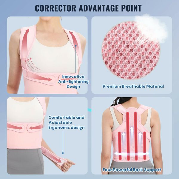 Adjustable Posture Corrector for Women: Full Back Support and Shoulder Straightener for Scoliosis and Hunchback Correction (Pink, Size M)