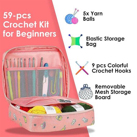 Crochet Kit for Beginners, Crochet Kits Include Yarn, 59pcs Crochet Starter Kit for Beginners Kids, Portable Storage Bag for Convenience,Pink