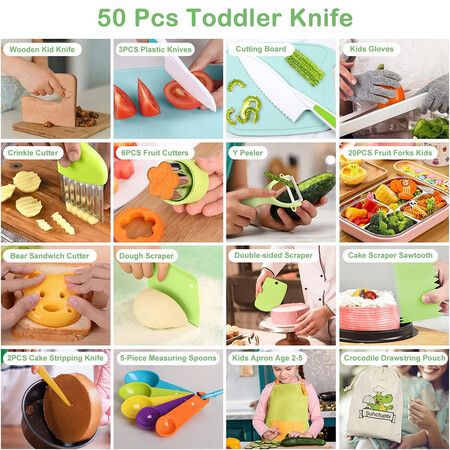 50 Piece Kids Cooking Set, Montessori Kitchen Tools with Plastic Knives, Cutting Board, More Kitchen Accessories,Cooking Fun for Kids