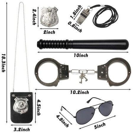 Police Pretend Play Toy Set for Kids, Toddler Boys Halloween Costume Including Metal Handcuffs Police Badge Baton Sunglasses Whistle