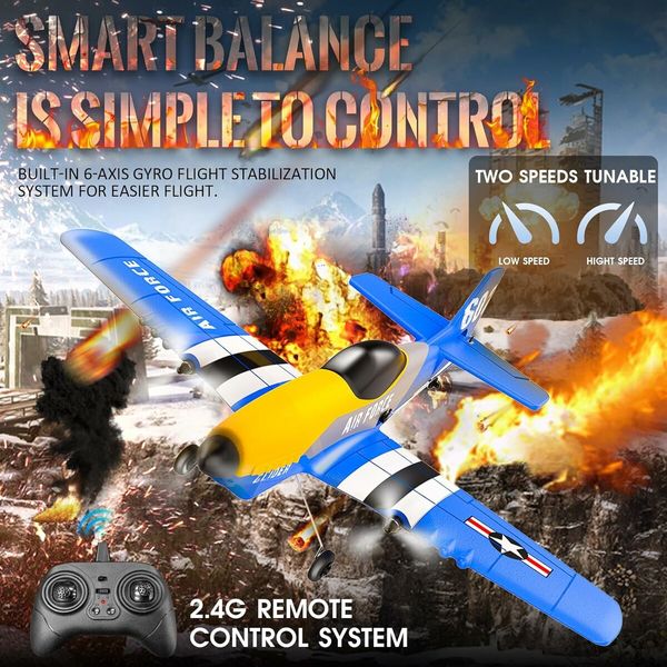 Remote Control Airplane Mustang Fighter Toys, 2.4GHz Smart Gyro Stabilizer RTF Glider Aircraft Plane, Easy to Fly for Kids Beginners