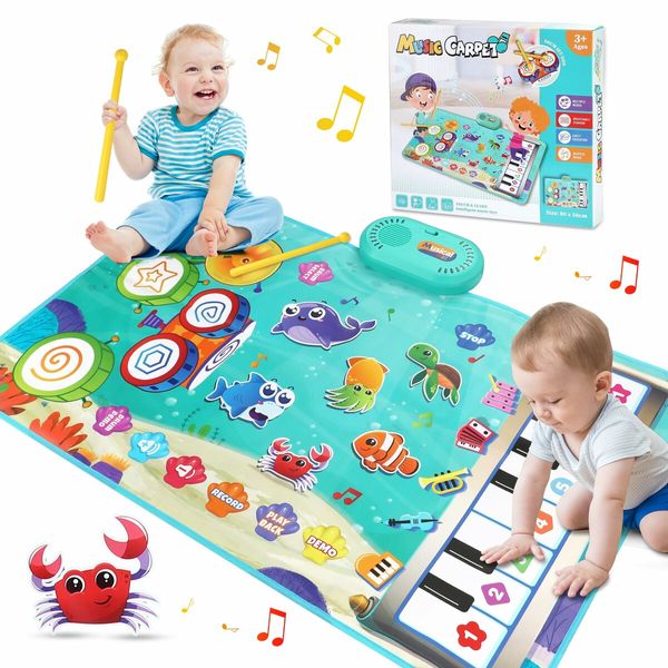 3 in 1 Musical Mat for Kids,Marine Animal Touch Play Blanket Piano Keyboard & Drum Set with 2 Drum Sticks,Educational Musical Learning Toys for 3+ Kids