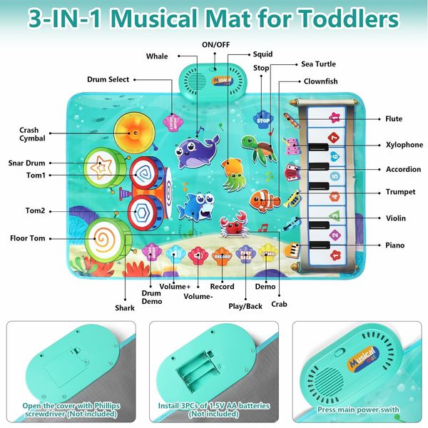 3 in 1 Musical Mat for Kids,Marine Animal Touch Play Blanket Piano Keyboard & Drum Set with 2 Drum Sticks,Educational Musical Learning Toys for 3+ Kids
