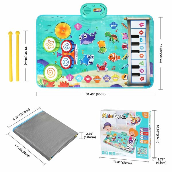3 in 1 Musical Mat for Kids,Marine Animal Touch Play Blanket Piano Keyboard & Drum Set with 2 Drum Sticks,Educational Musical Learning Toys for 3+ Kids