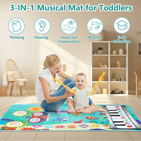3 in 1 Musical Mat for Kids,Marine Animal Touch Play Blanket Piano Keyboard & Drum Set with 2 Drum Sticks,Educational Musical Learning Toys for 3+ Kids
