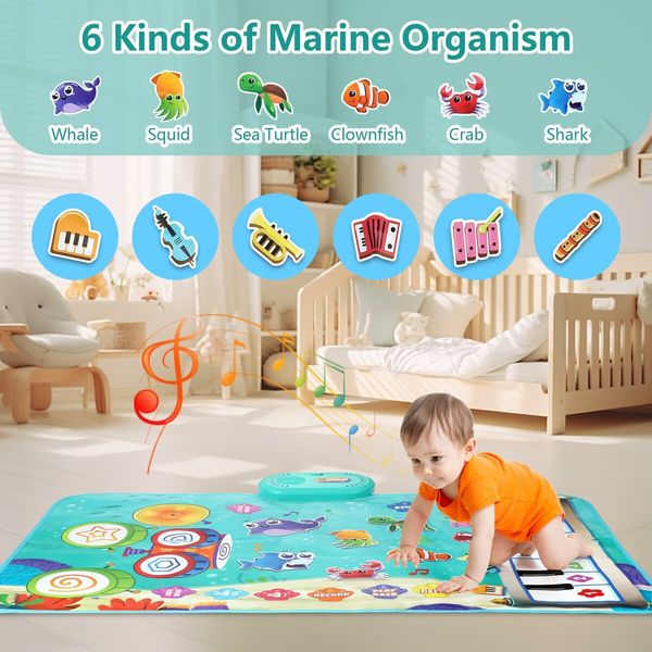 3 in 1 Musical Mat for Kids,Marine Animal Touch Play Blanket Piano Keyboard & Drum Set with 2 Drum Sticks,Educational Musical Learning Toys for 3+ Kids